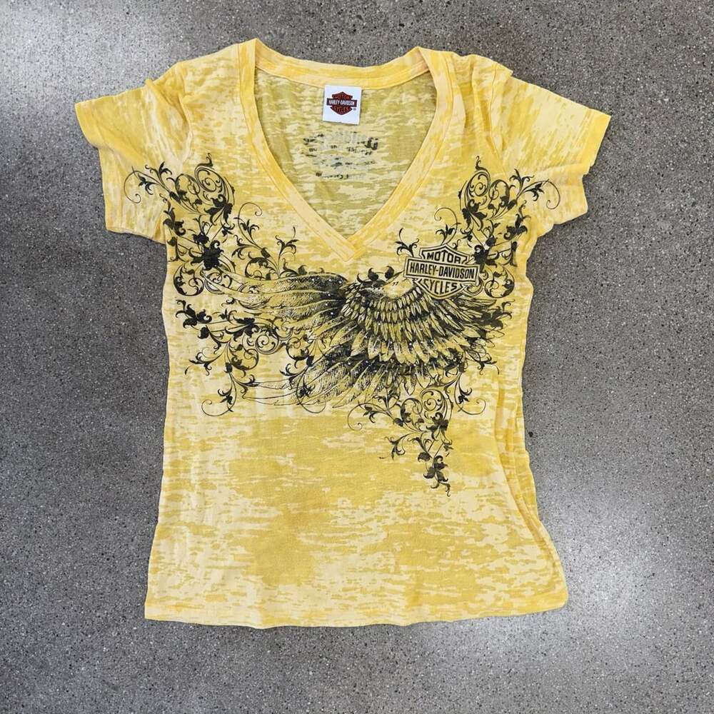 Harley-Davidson Women's Yellow V-Neck T-Shirt with Wings and Rhinestones